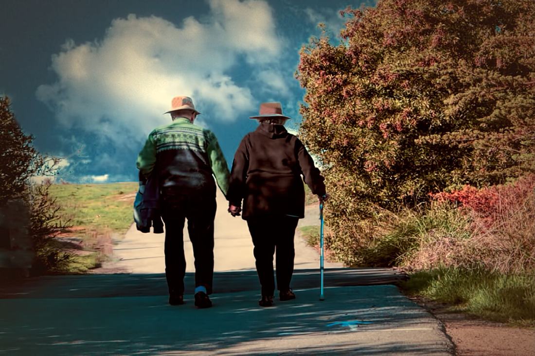Casal de idosos caminhando de mãos dadas